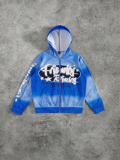 Tie-Dye Slogan Print Quarter-Zip Pocket Hoodie