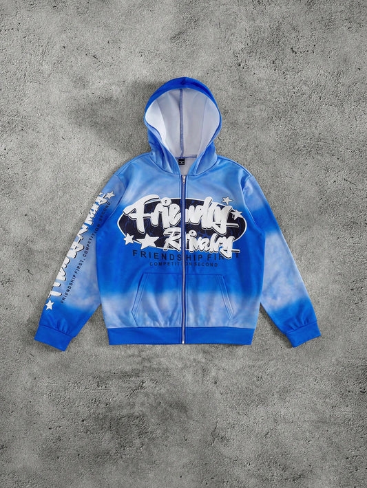 Tie-Dye Slogan Print Quarter-Zip Pocket Hoodie