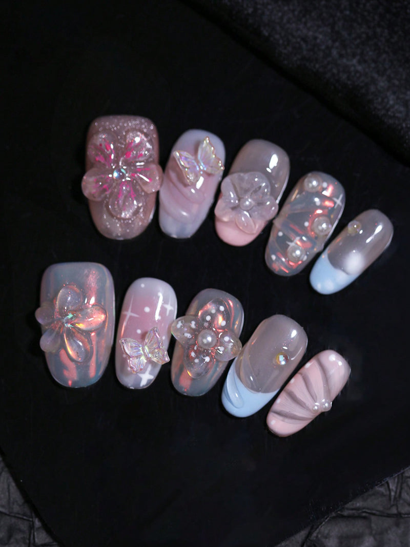 10pcs Handmade 3D Flower & Bow Short Oval Press-On Nails