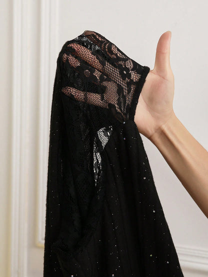 Black Sparkle & Lace Stand Collar A-Line Mini Dress