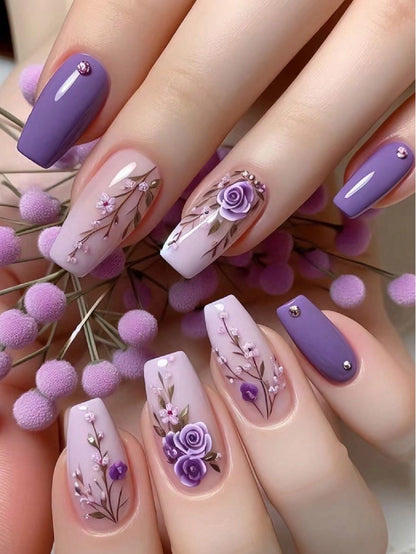 24pcs Purple Gradient Rose Square Press-On Nails