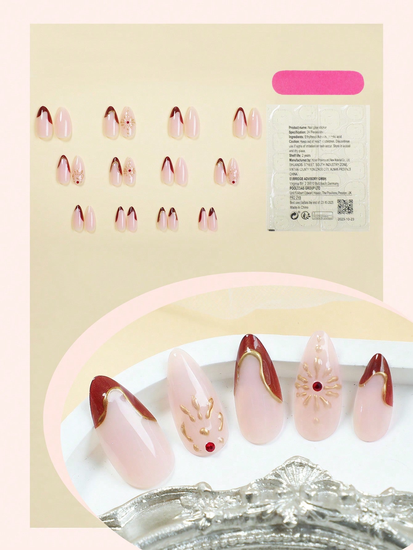 Red Ombre Almond French Nails with 3D Gold Lines