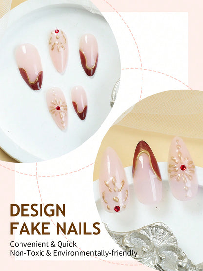 Red Ombre Almond French Nails with 3D Gold Lines