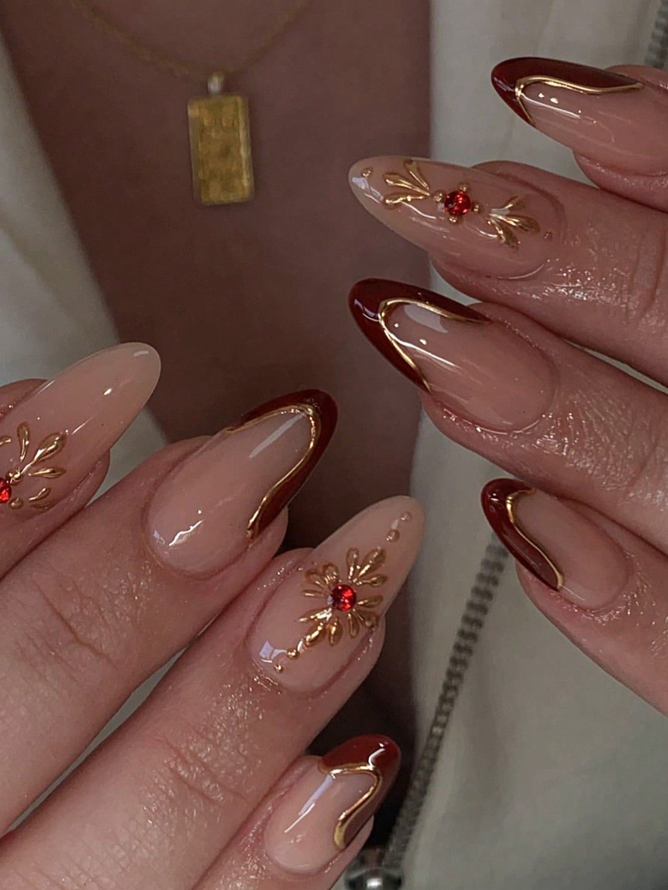 Red Ombre Almond French Nails with 3D Gold Lines