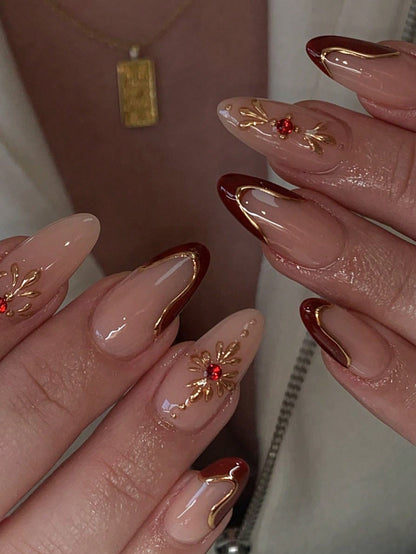 Red Ombre Almond French Nails with 3D Gold Lines