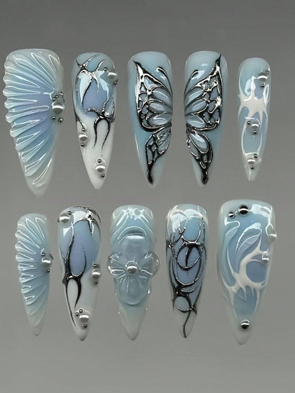 Blue & White Ombre 3D Butterfly Almond Press-On Nails