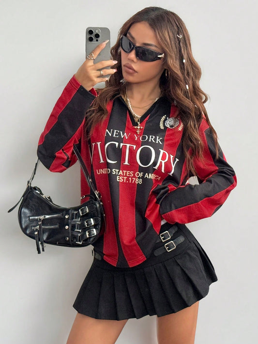 Women's Burgundy Colorblock Striped Long Sleeve Jersey