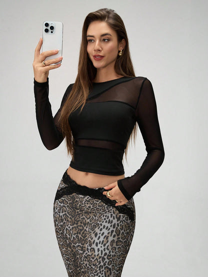 Slim Fit Mesh Panel Long Sleeve T-Shirt