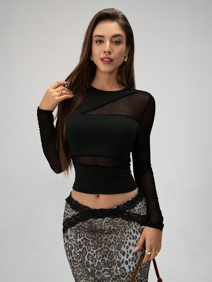 Slim Fit Mesh Panel Long Sleeve T-Shirt