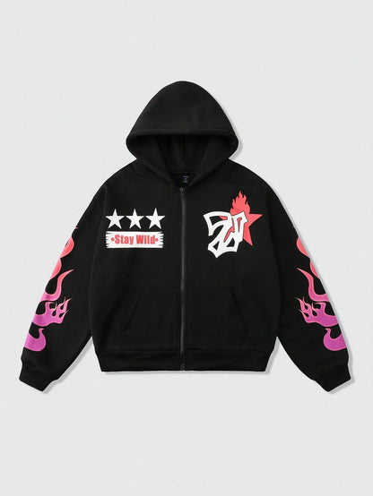 Men Skull Flame Print Cropped Zip Up Hoodie