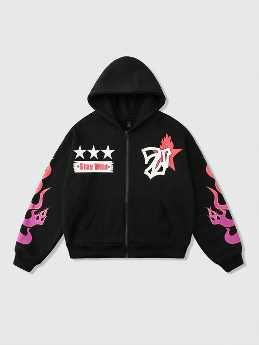 Men Skull Flame Print Cropped Zip Up Hoodie