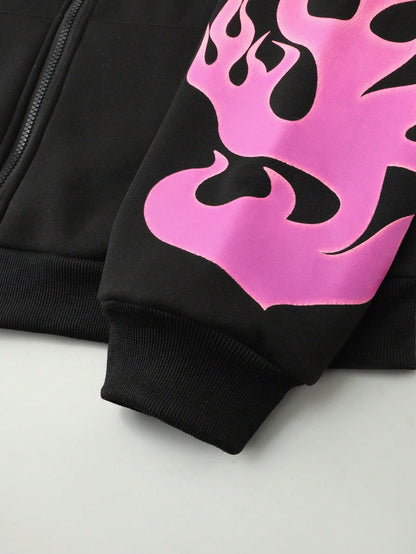 Men Skull Flame Print Cropped Zip Up Hoodie
