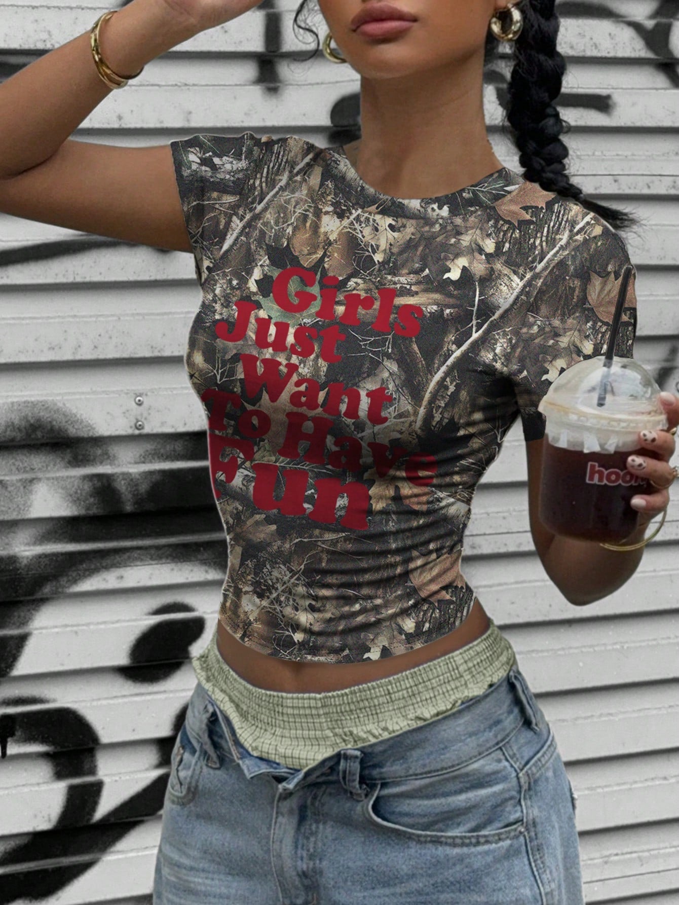 EZwear Camo Branch Print Slogan Crop Top