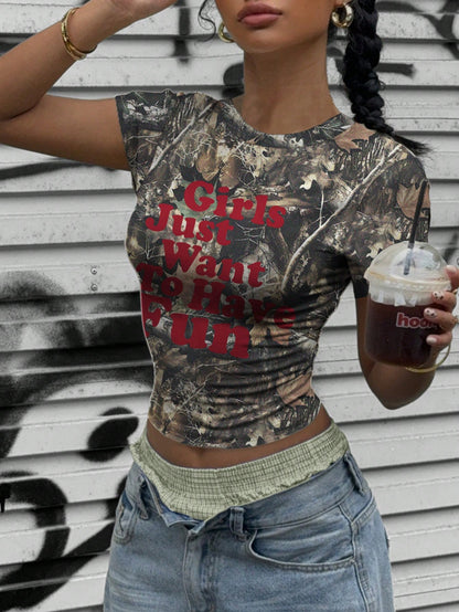 EZwear Camo Branch Print Slogan Crop Top