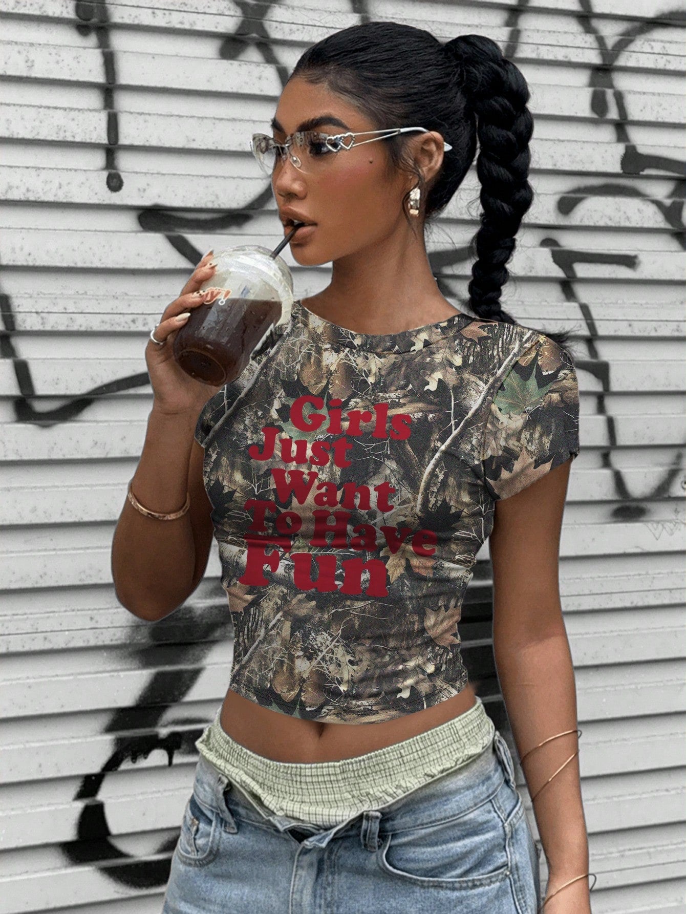 EZwear Camo Branch Print Slogan Crop Top