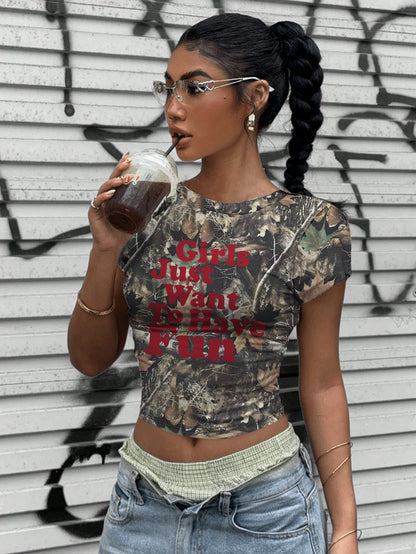 EZwear Camo Branch Print Slogan Crop Top