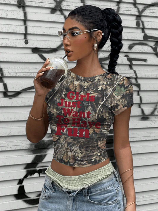 EZwear Camo Branch Print Slogan Crop Top