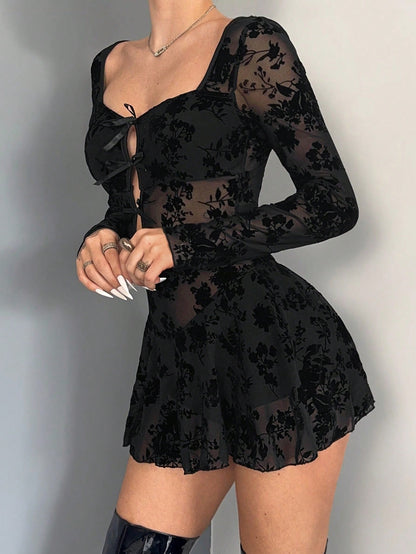 Sexy Black Flocked Mesh Mini Dress