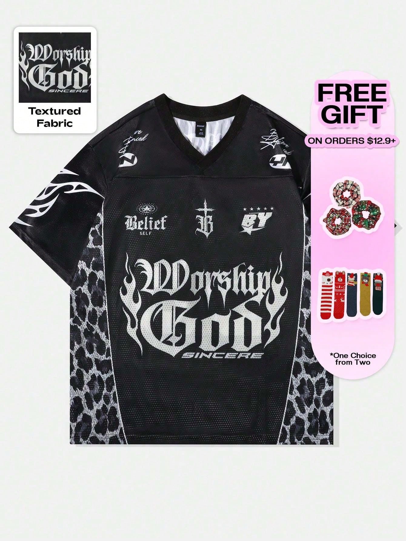 Black Gothic Punk Slogan V-Neck Jersey