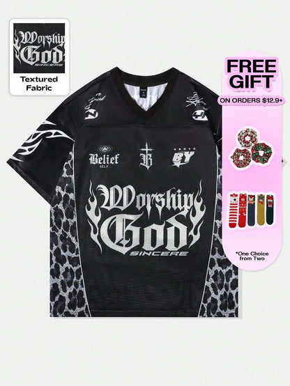 Black Gothic Punk Slogan V-Neck Jersey