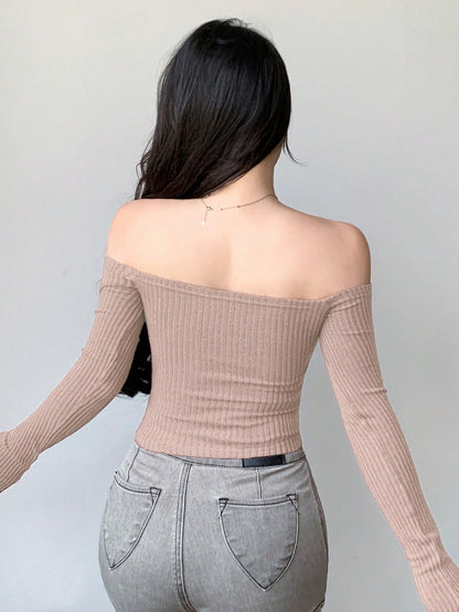 Women's Off-Shoulder Fitted Long Sleeve T-Shirt