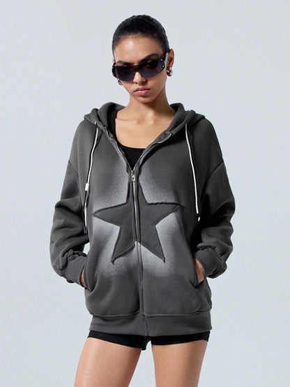 LYSMO Women Star Print Zip Up Hoodie