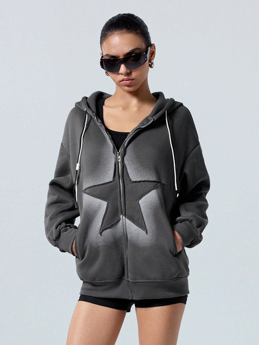 LYSMO Women Star Print Zip Up Hoodie
