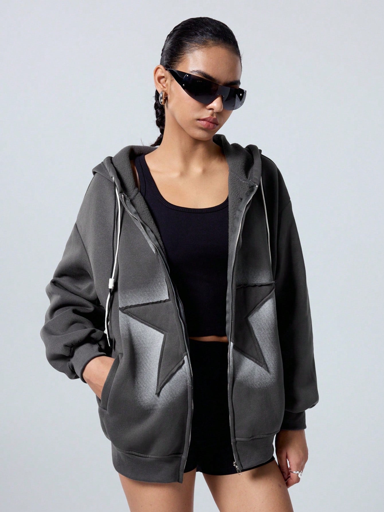 LYSMO Women Star Print Zip Up Hoodie