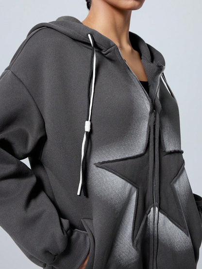 LYSMO Women Star Print Zip Up Hoodie