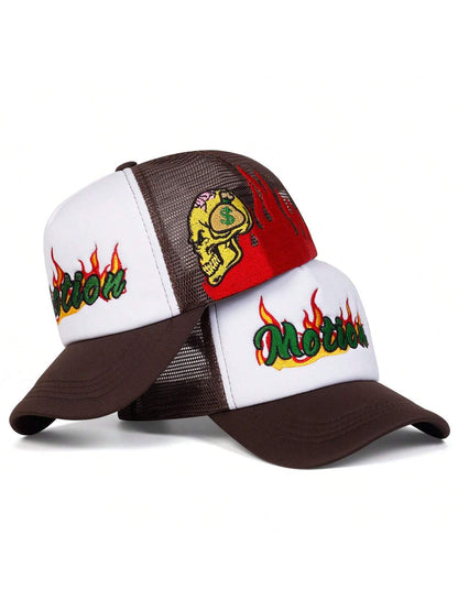 Skull Flame Embroidered Mesh Trucker Baseball Cap