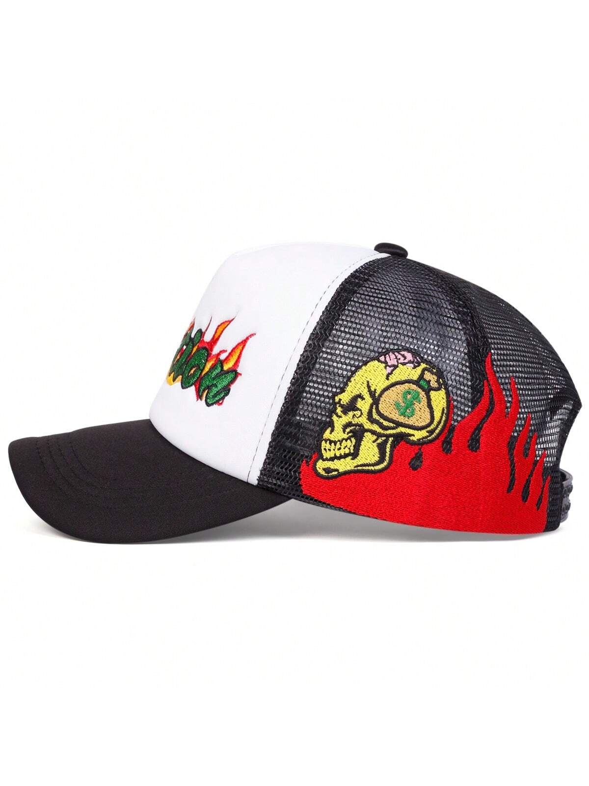 Skull Flame Embroidered Mesh Trucker Baseball Cap