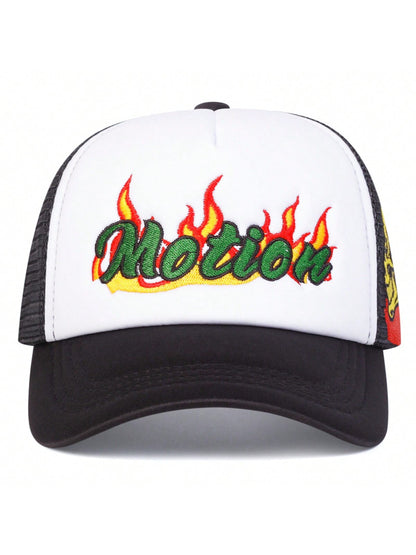 Skull Flame Embroidered Mesh Trucker Baseball Cap