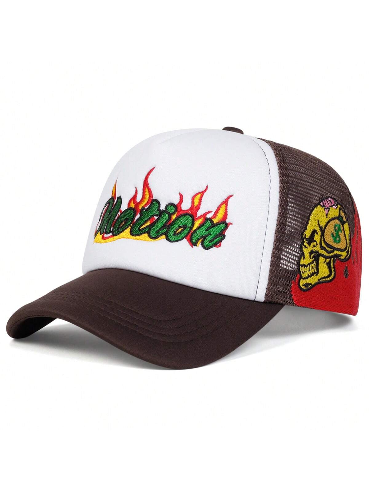 Skull Flame Embroidered Mesh Trucker Baseball Cap