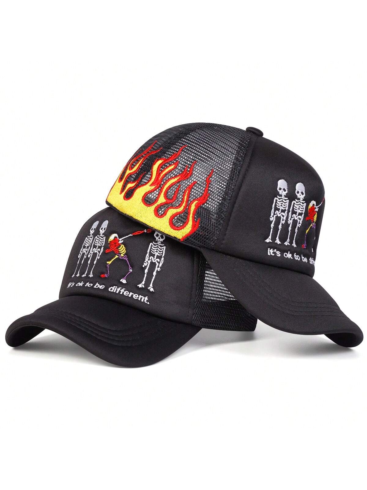 Skull Embroidered Flame Trucker Mesh Baseball Cap