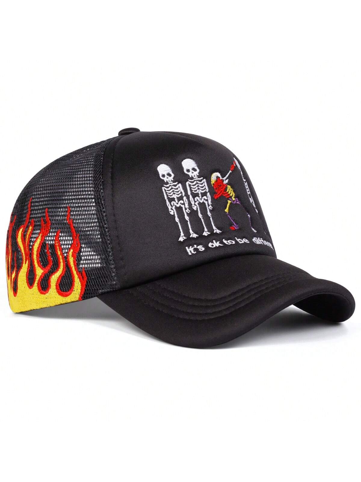 Skull Embroidered Flame Trucker Mesh Baseball Cap