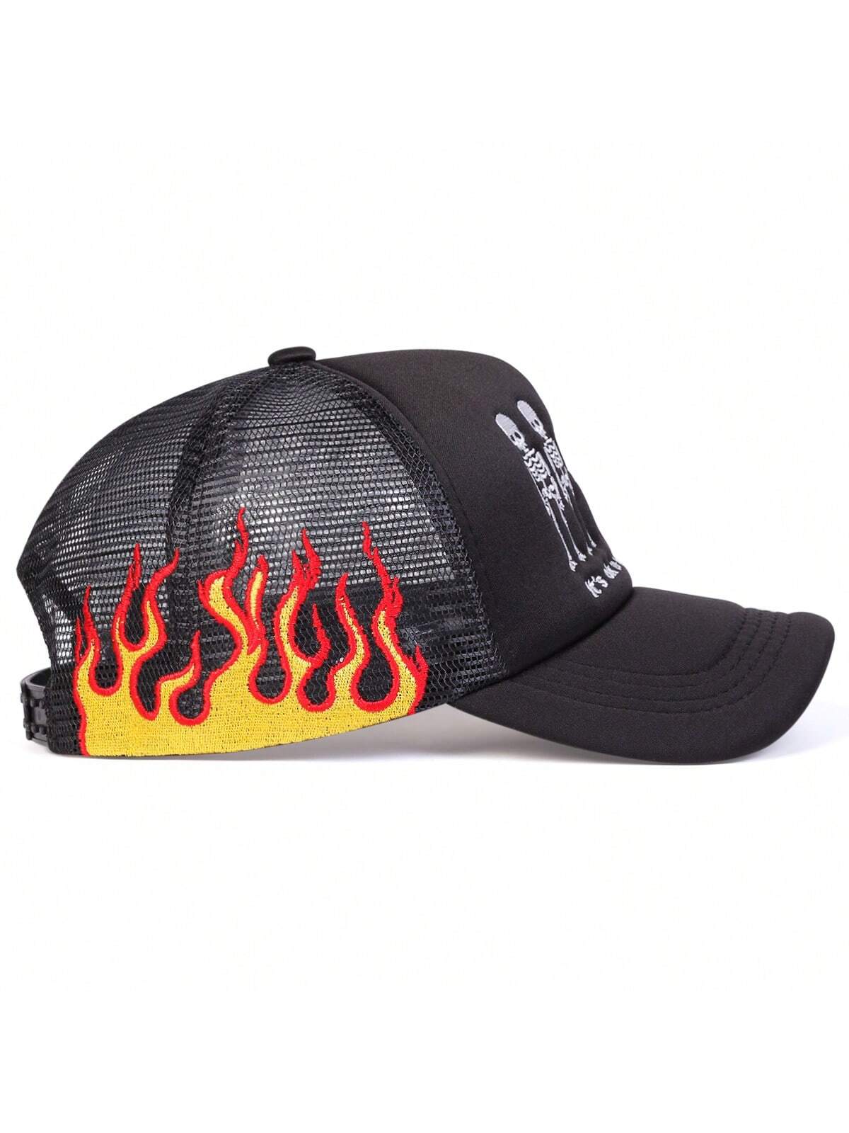 Skull Embroidered Flame Trucker Mesh Baseball Cap