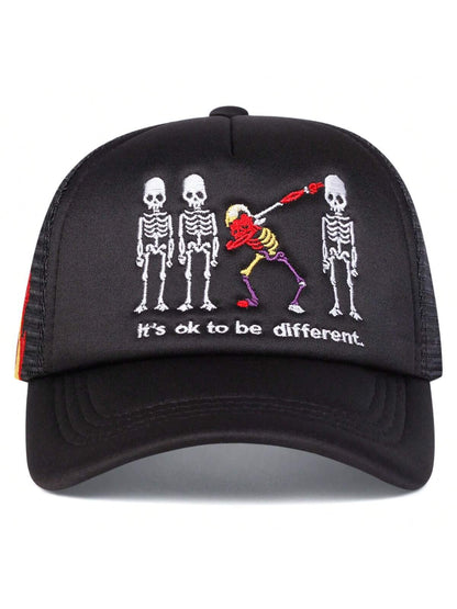 Skull Embroidered Flame Trucker Mesh Baseball Cap