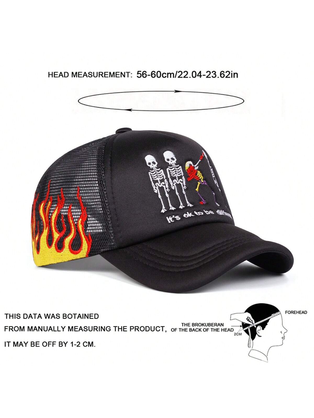 Skull Embroidered Flame Trucker Mesh Baseball Cap