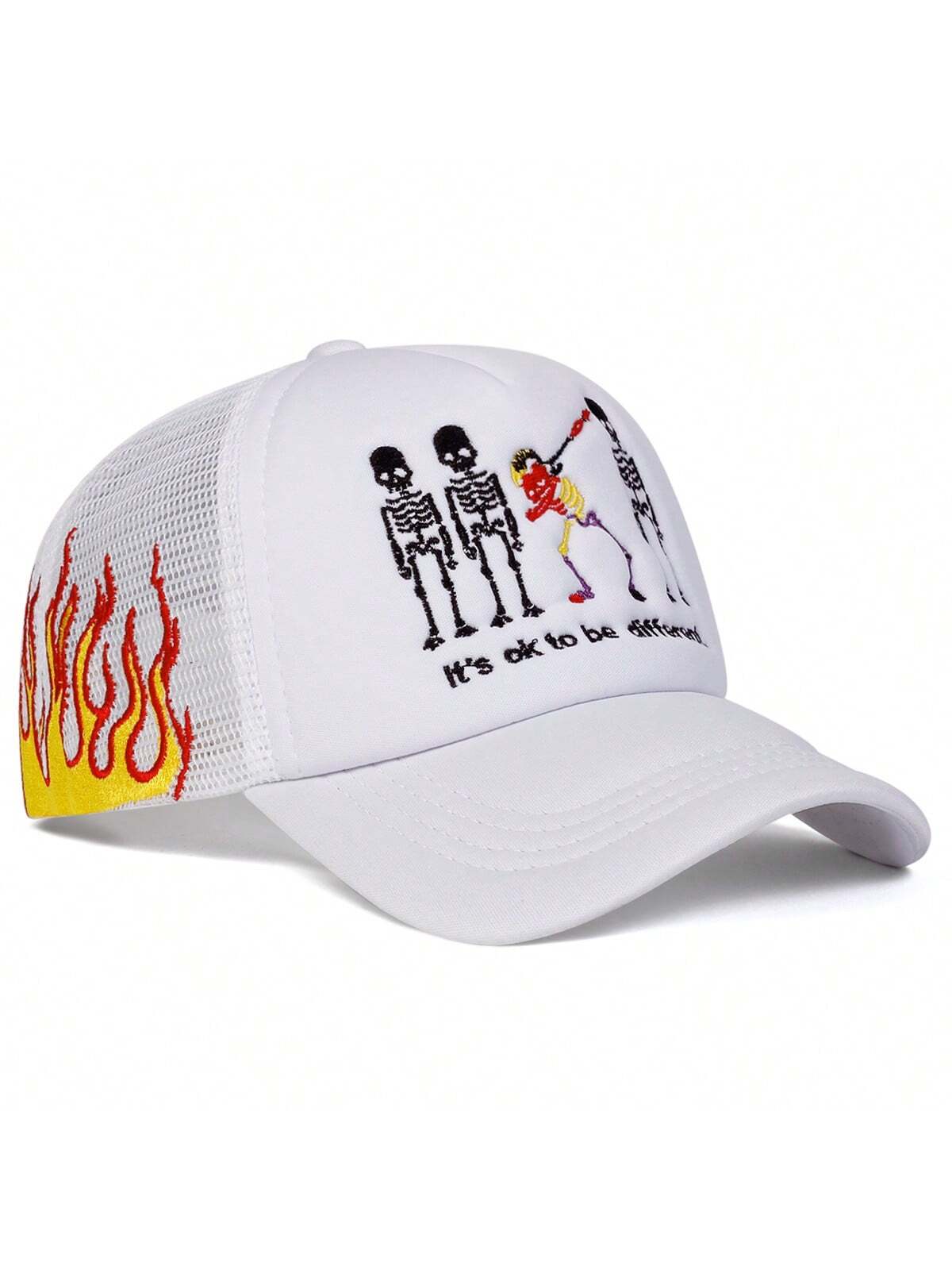 Skull Embroidered Flame Trucker Mesh Baseball Cap