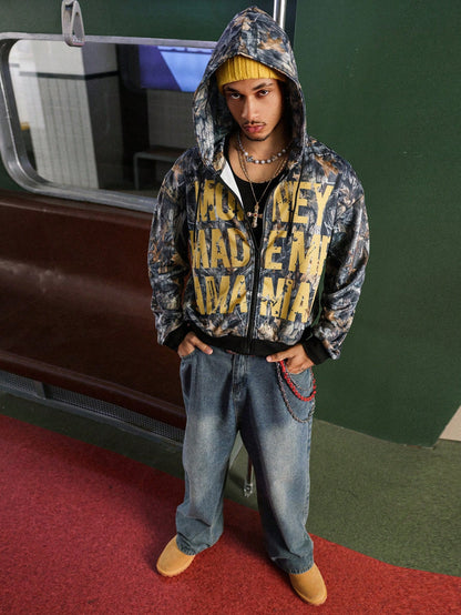 Men's Autumn Letter Print Zip Front Hoodie