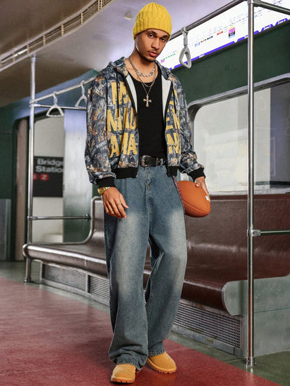 Men's Autumn Letter Print Zip Front Hoodie