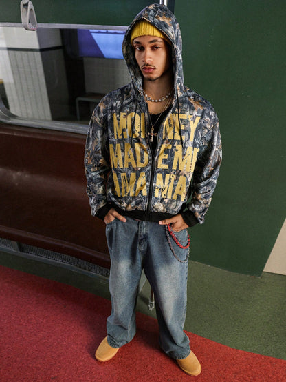 Men's Autumn Letter Print Zip Front Hoodie