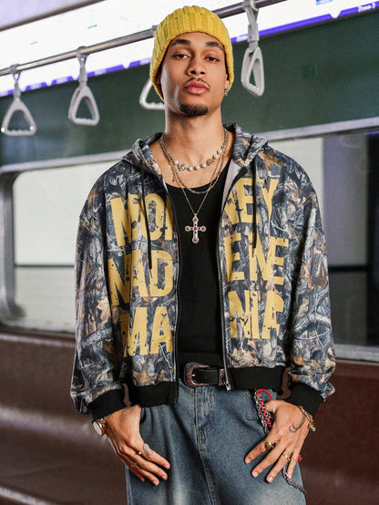 Men's Autumn Letter Print Zip Front Hoodie