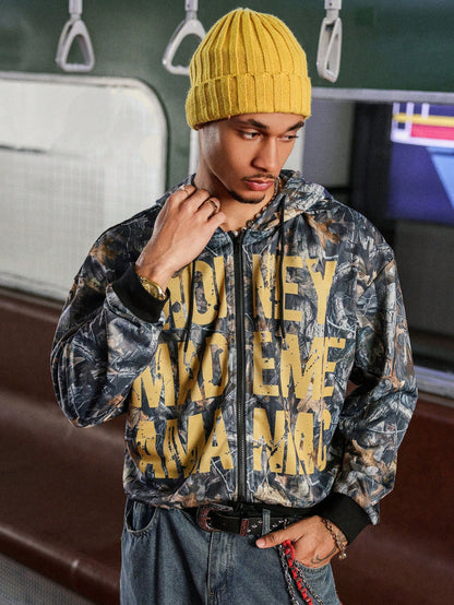 Men's Autumn Letter Print Zip Front Hoodie