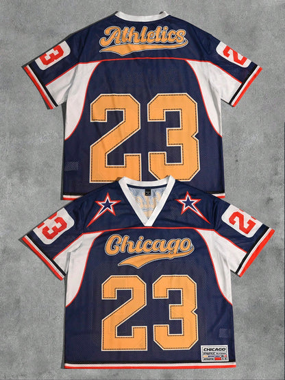 Blue V-Neck Pointelle Contrast Binding Loose Fit Jersey