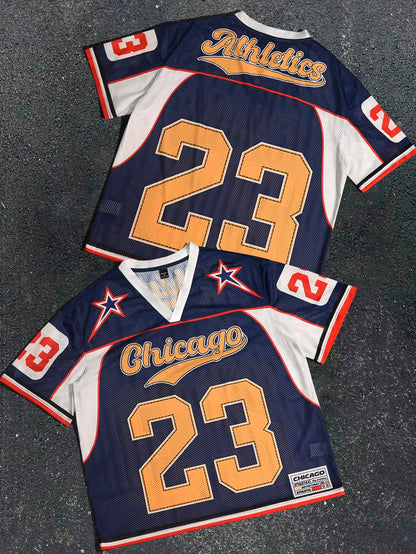 Blue V-Neck Pointelle Contrast Binding Loose Fit Jersey