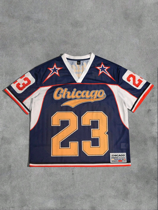 Blue V-Neck Pointelle Contrast Binding Loose Fit Jersey