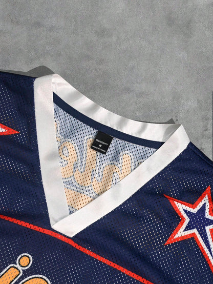 Blue V-Neck Pointelle Contrast Binding Loose Fit Jersey