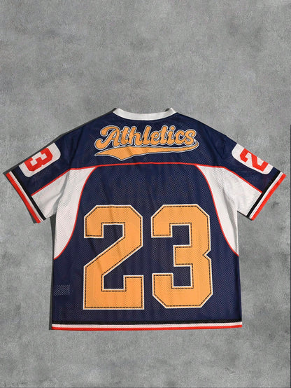 Blue V-Neck Pointelle Contrast Binding Loose Fit Jersey