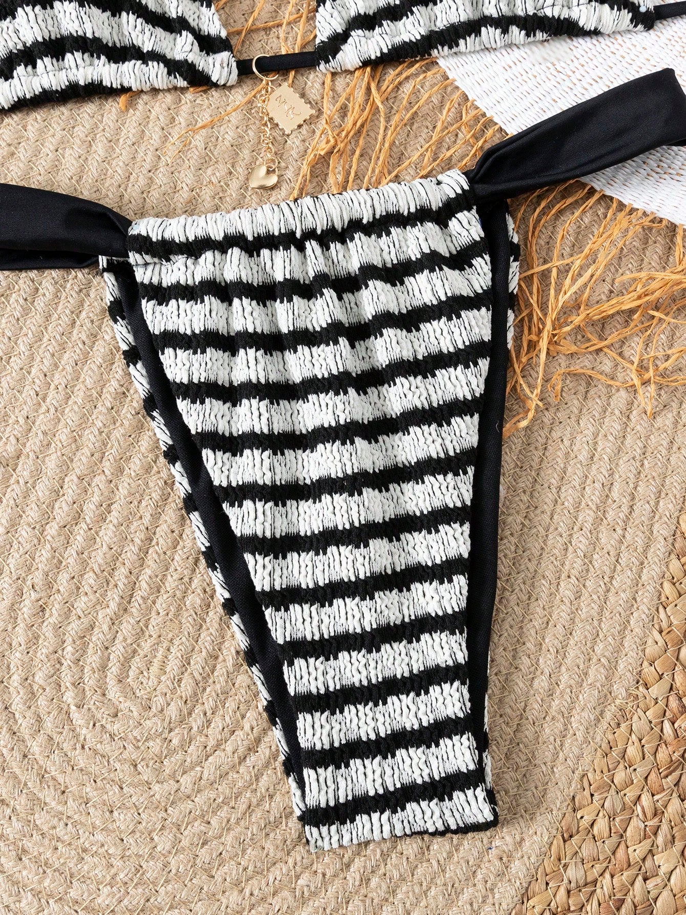 Black and White Striped Pleated Halter Bikini Set